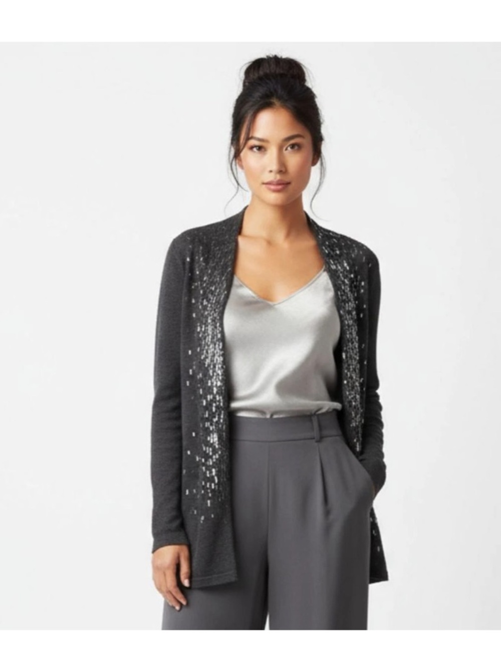 EILEEN FISHER Large Cardigan Gray 100% Merino Wool Sequin Embellished Open Front